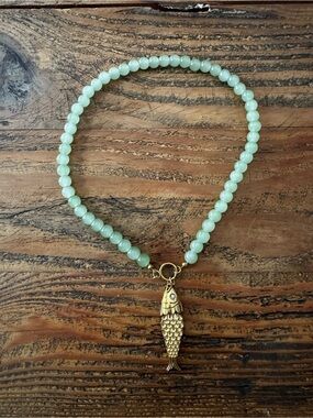Handmade Gold Fish Charm Green Beaded Necklace - Women Jewelry